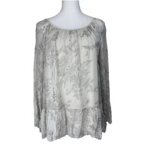 Women’s 100% Silk Blouse Top L Sheer Lined Lightweight Peasant Smocked Prairie